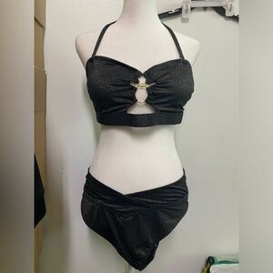 Black Halter Bikini Set with Gold Accent